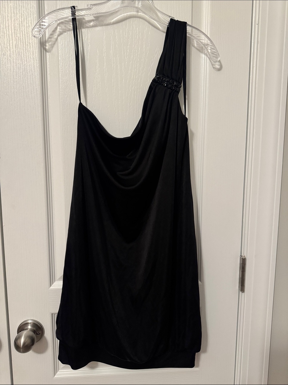 BCBGMaxAzria Womens Medium Blk 1Shoulder Draped Cocktail Dress w/ Beaded Detail